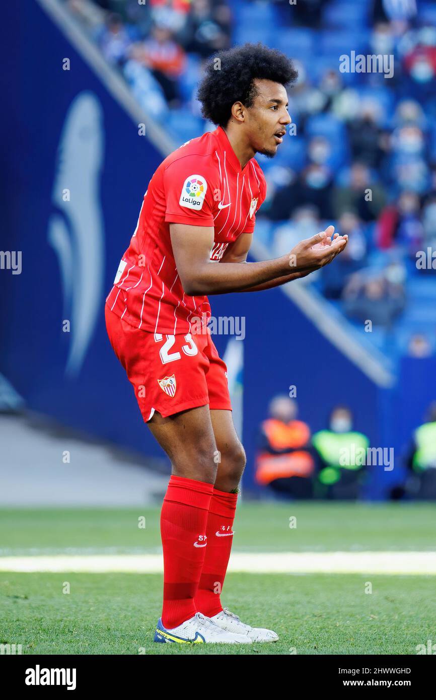 BARCELONA - FEB 20: Jules Kounde in action at the La Liga match between RCD Espanyol and Sevilla FC at the RCDE Stadium on February 20, 2022 in Barcel Stock Photo