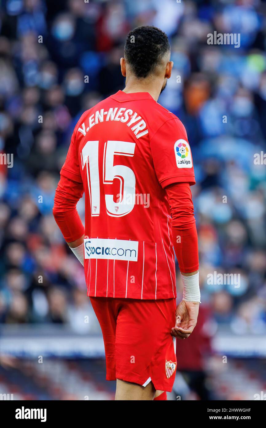 BARCELONA - FEB 20: Youssef En-Nesyri in action at the La Liga match between RCD Espanyol and Sevilla FC at the RCDE Stadium on February 20, 2022 in B Stock Photo