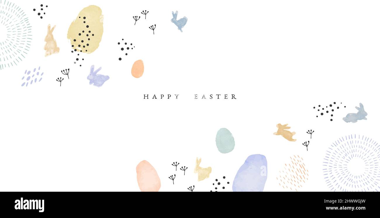 Happy Easter greeting card illustration of hand drawn watercolor rabbit animal with spring nature doodle decoration. Abstract scandinavian cartoon des Stock Vector
