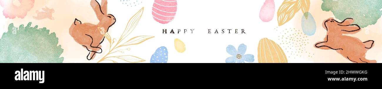 Happy Easter web banner illustration of rabbit jumping in spring forest with colorful eggs. Vintage hand drawn watercolor cartoon for traditional fami Stock Vector