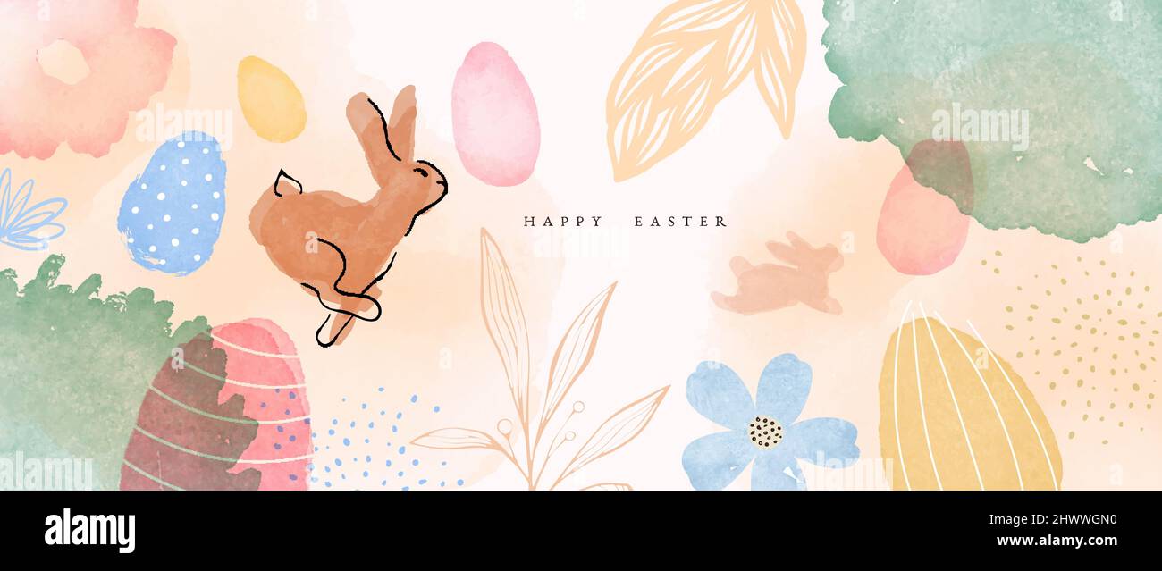 Happy Easter greeting card illustration of rabbit jumping in spring forest with colorful eggs. Vintage hand drawn watercolor cartoon for traditional f Stock Vector
