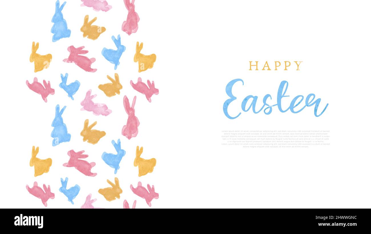 Happy Easter web template of colorful watercolor rabbit animals with copy space. Spring festival background illustration for traditional christian hol Stock Vector