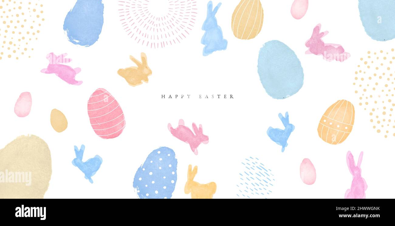 Happy Easter greeting card of colorful watercolor rabbits with egg doodle. Spring festival background illustration for traditional christian holiday. Stock Vector