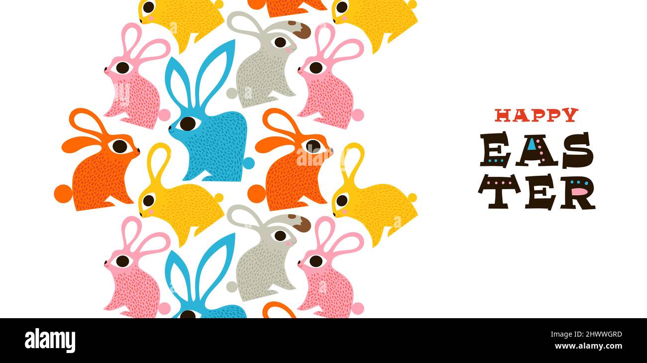 Happy Easter greeting card of cute rabbit animals in vintage folk art style with festive quote. Spring festival background illustration for traditiona Stock Vector