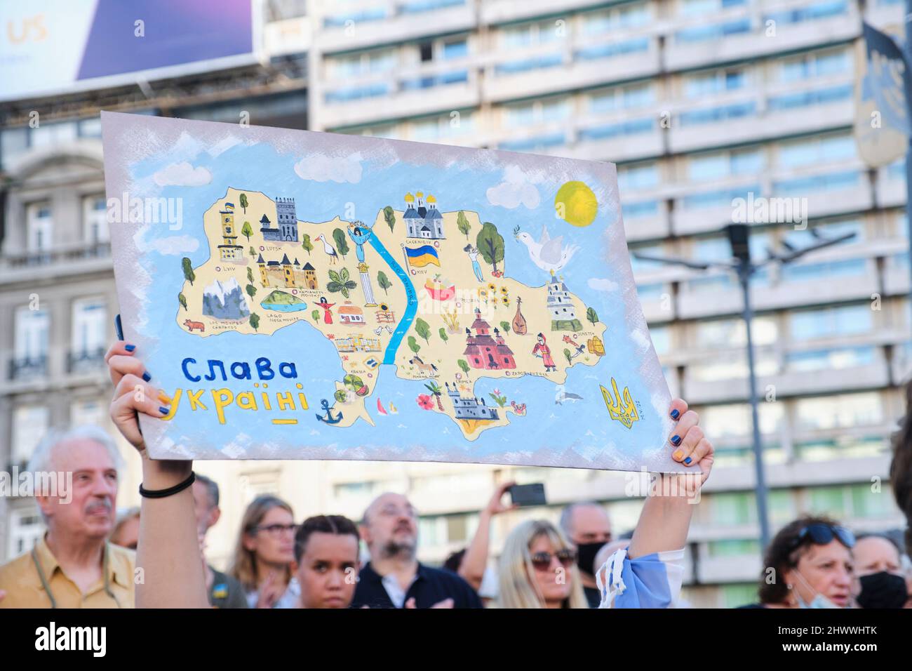 Buenos Aires, Argentina; March 6, 2022: march for peace in Ukraine, against Russian war and invasion. Poster with a handmade Ukrainian cultural map. Stock Photo
