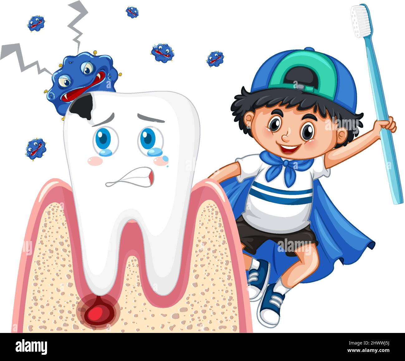 Happy kid brushing and take care a tooth decay on white background illustration Stock Vector