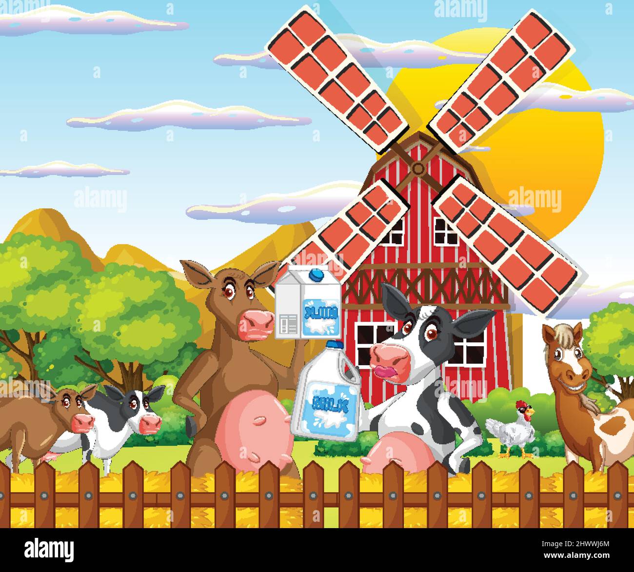Scene with farm animal on the farm illustration Stock Vector Image ...