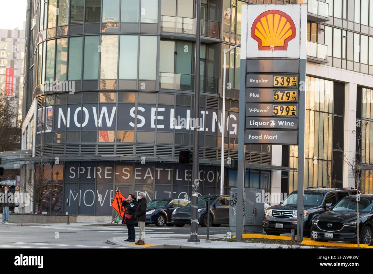 Seattle, USA. 7th Mar, 2022. The Shell gas station on Denny way and Wall Street in the shadow of the Space Needle with unleaded breaching the five dollar a gallon mark. Gas prices are surging across the United States after Russia’s invasion on Ukraine on the 24th of Feb. Struggling Americans are dealing with skyrocketing inflation and increasing rents as Covid-19 restrictions lessen and the world opens up. James Anderson/Alamy Live News Stock Photo