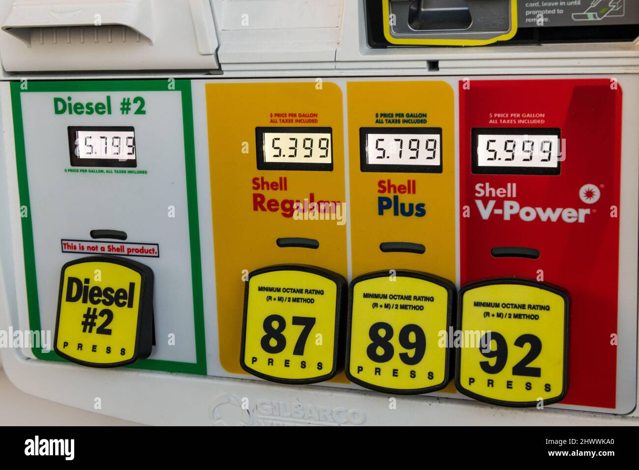 Seattle, USA. 7th Mar, 2022. The Shell gas station on Denny way and Wall Street in the shadow of the Space Needle with unleaded breaching the five dollar a gallon mark. Gas prices are surging across the United States after Russia’s invasion on Ukraine on the 24th of Feb. Struggling Americans are dealing with skyrocketing inflation and increasing rents as Covid-19 restrictions lessen and the world opens up. James Anderson/Alamy Live News Stock Photo