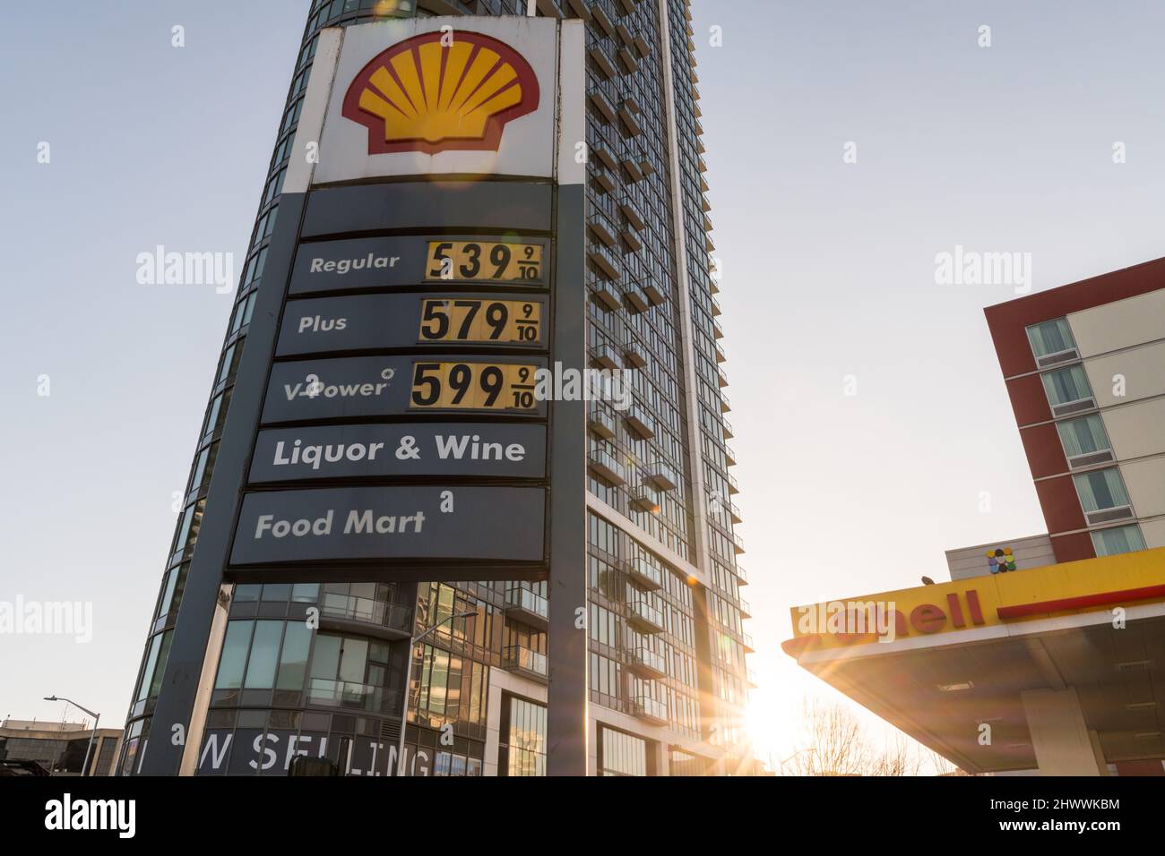 Seattle, USA. 7th Mar, 2022. The Shell gas station on Denny way and Wall Street in the shadow of the Space Needle with unleaded breaching the five dollar a gallon mark. Gas prices are surging across the United States after Russia’s invasion on Ukraine on the 24th of Feb. Struggling Americans are dealing with skyrocketing inflation and increasing rents as Covid-19 restrictions lessen and the world opens up. James Anderson/Alamy Live News Stock Photo