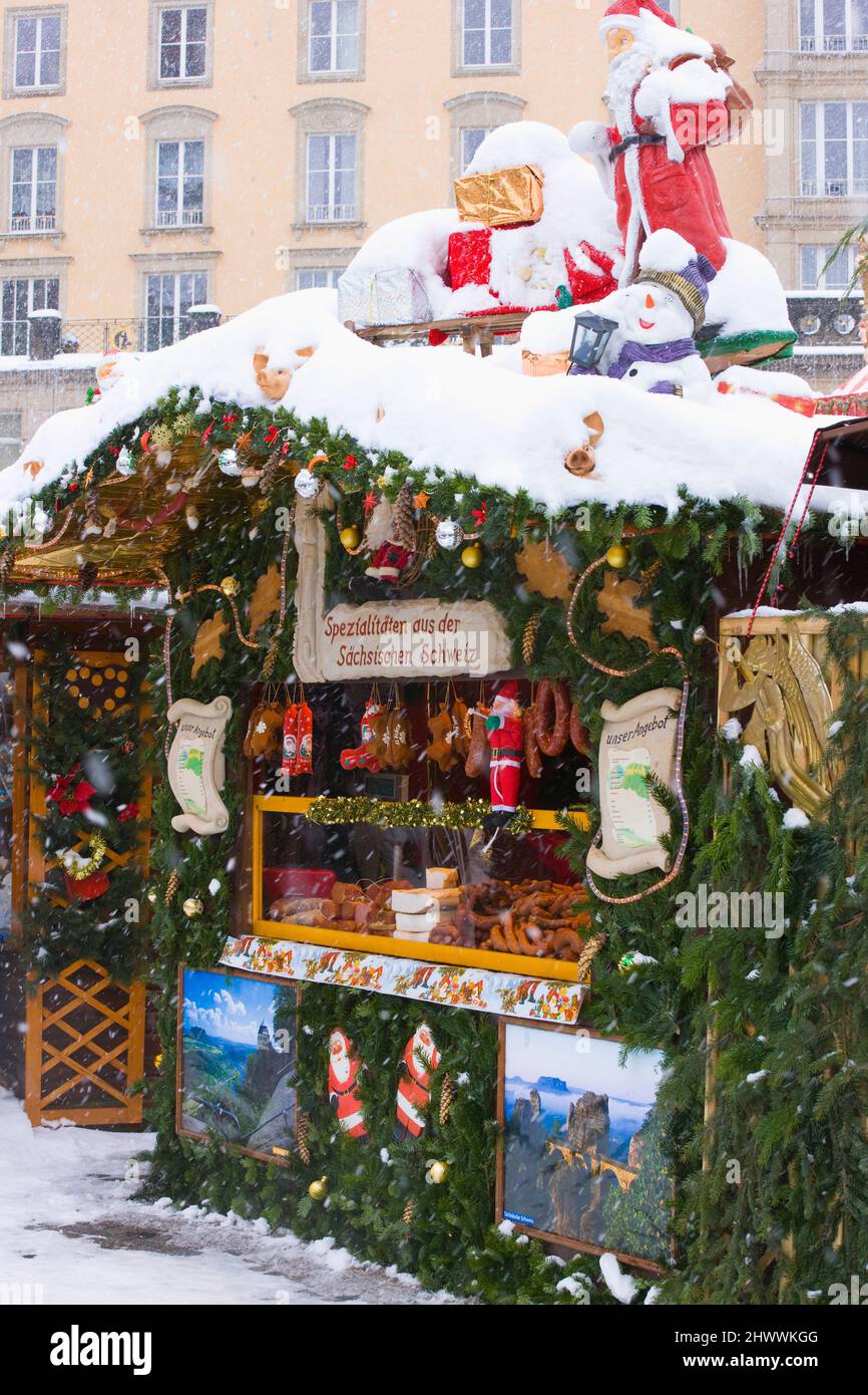Christmas decorations in the Striezelmarkt Christmas Market, Dresden Saxony, Germany Stock Photo