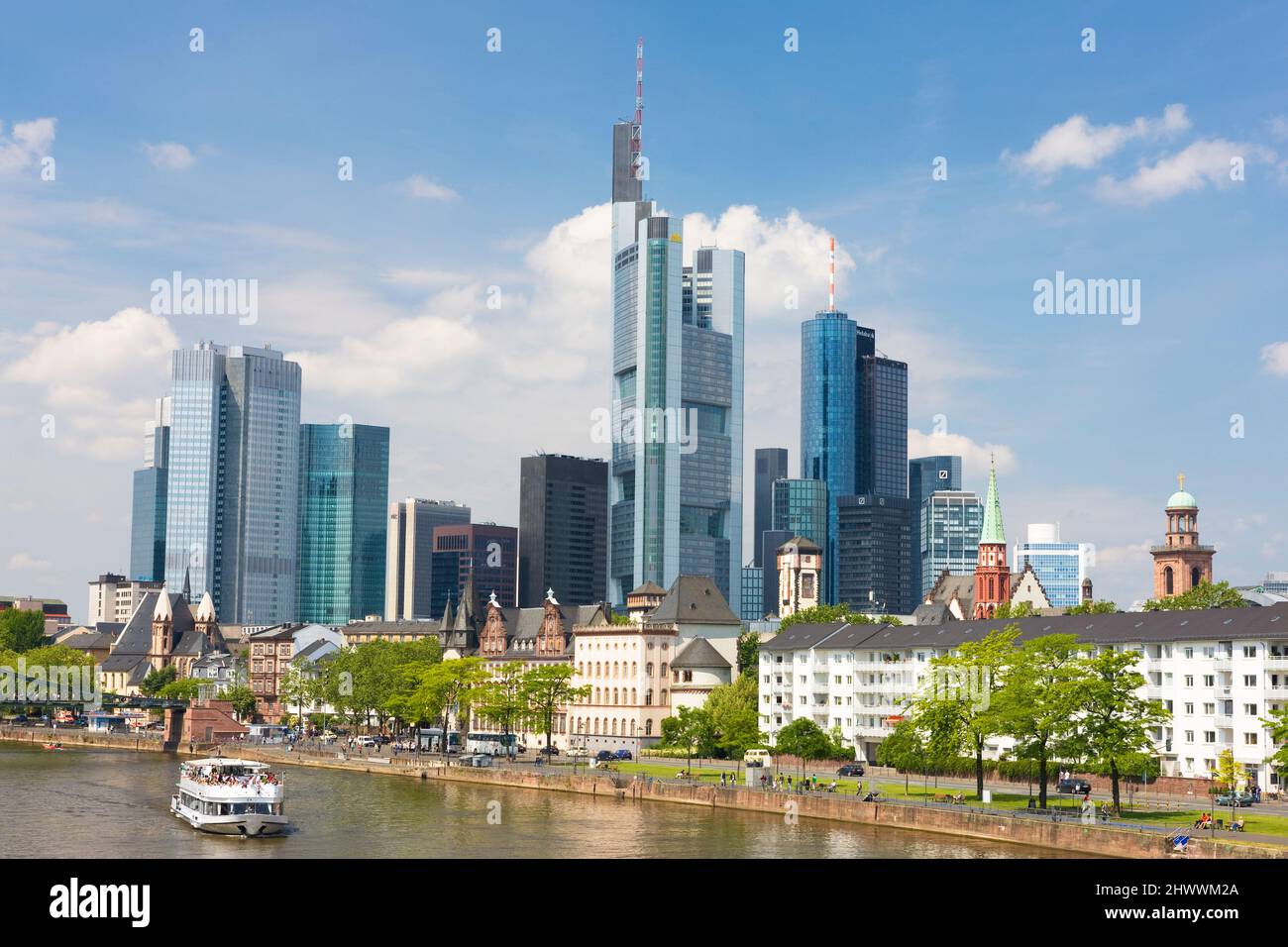 Frankfurt skyline and the Mainz river, Frankfurt, Hesse, Germany Stock Photo