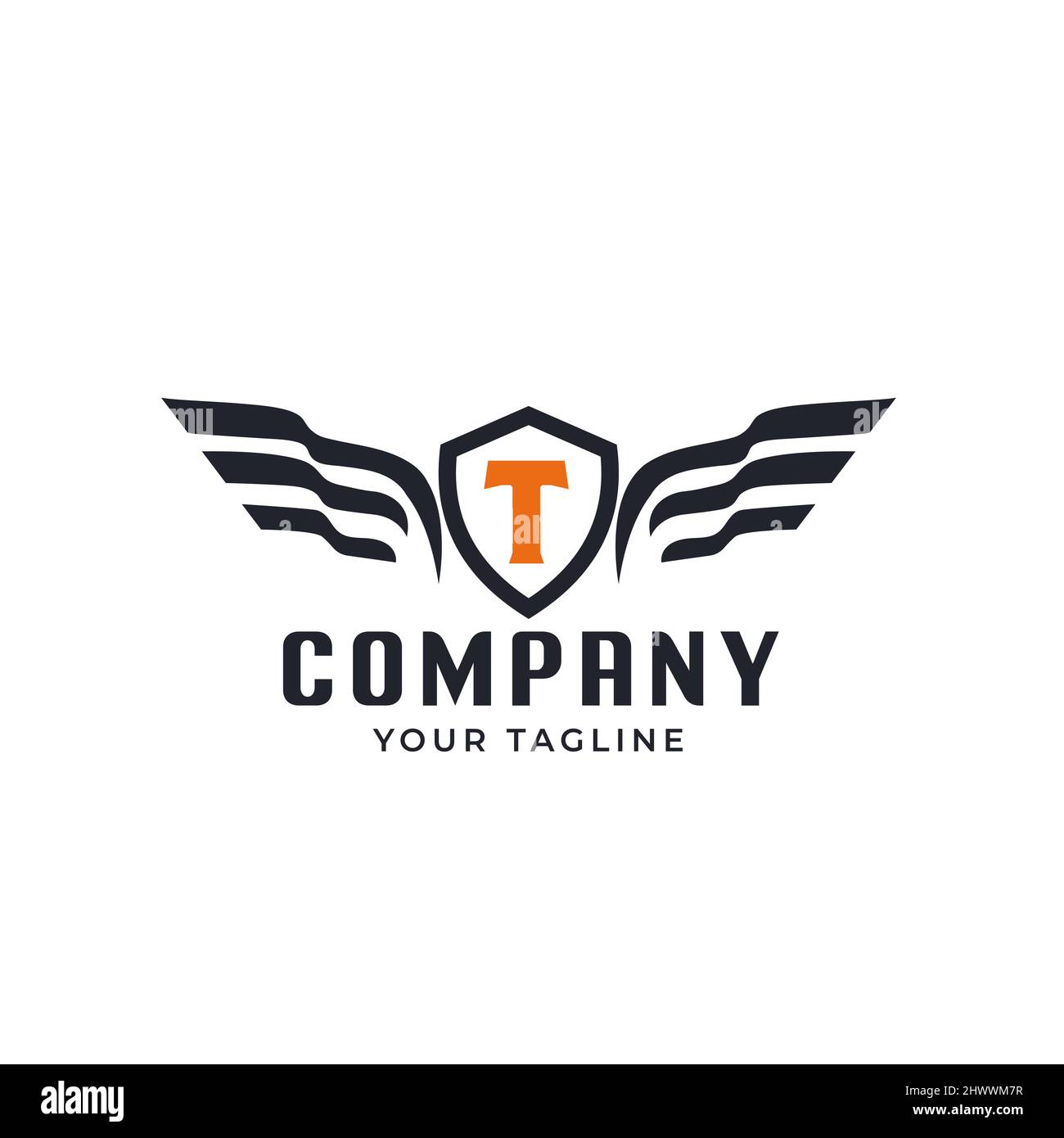 Design emblem with eagle wings and shield letter T inside. Stock Vector