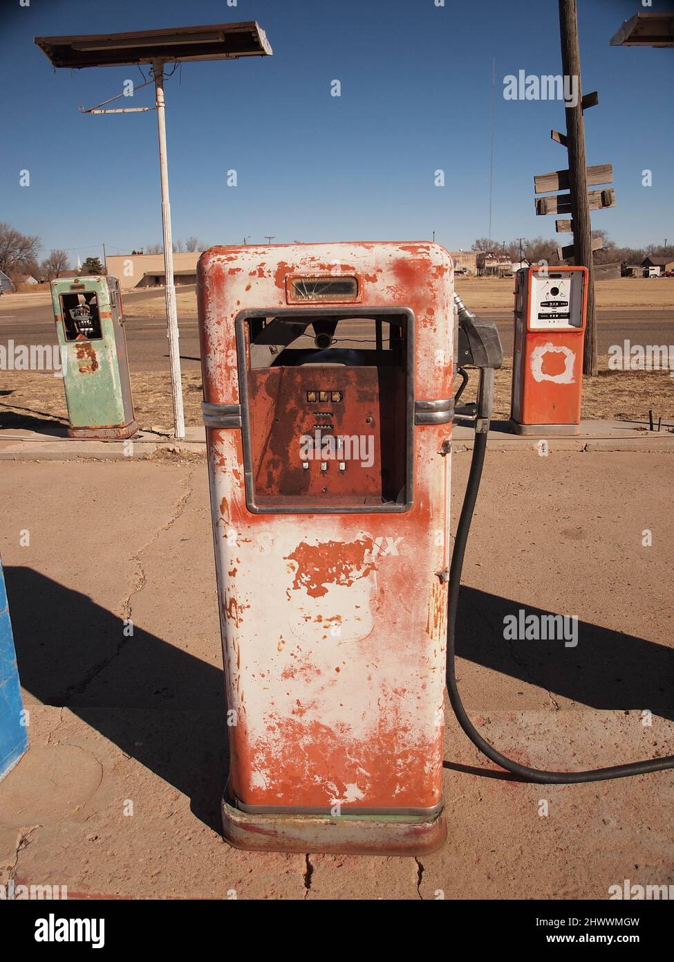 Abandoned gas station along Route 66 in western Texas town of Adrian. The building is slowly