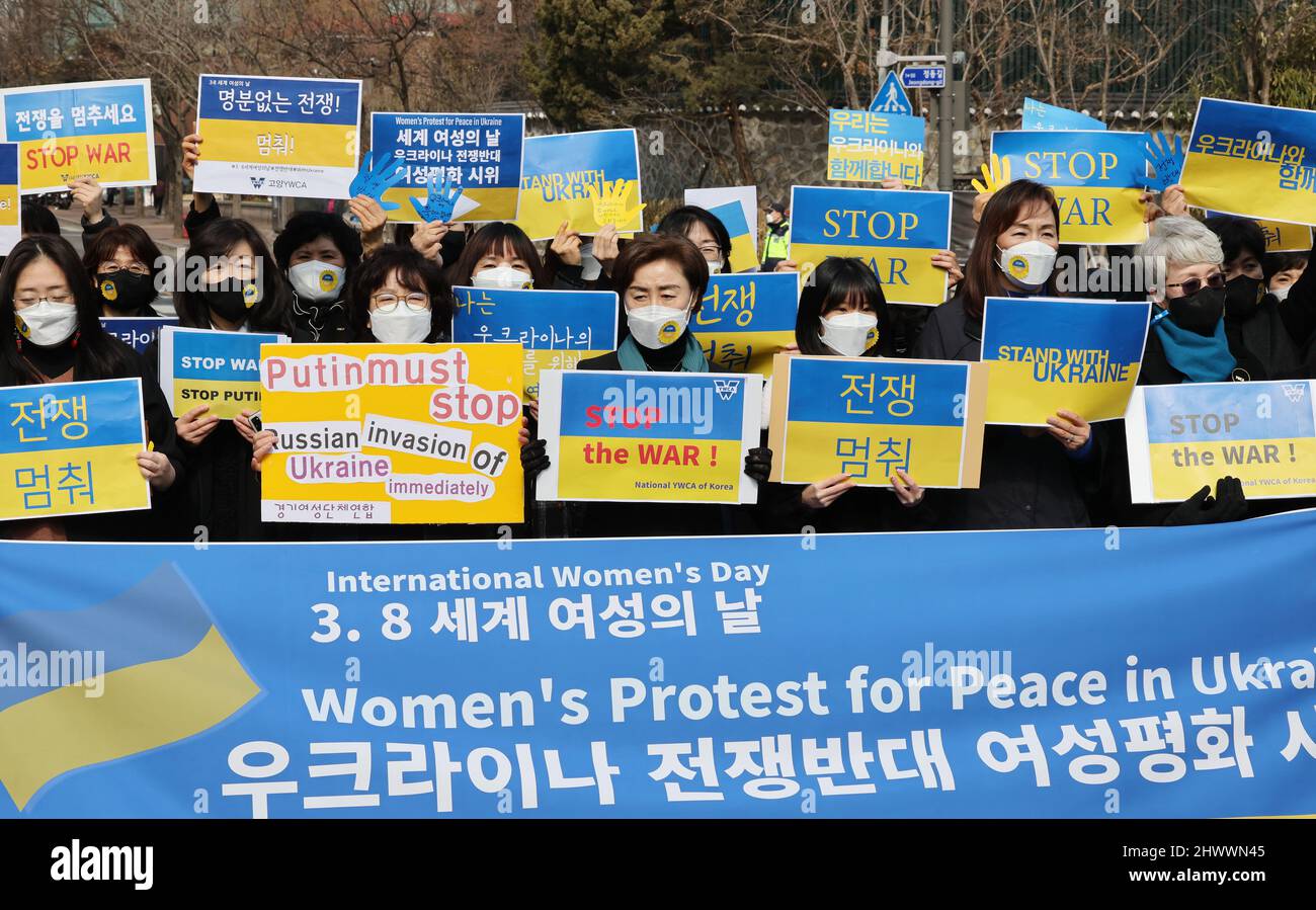 08th Mar, 2022. Int'l Women's Day A group of female activists stages a rally in Seoul on March 8, 2022, to voice their objection to the Russian invasion of Ukraine as part of activities to mark International Women's Day. Credit: Yonhap/Newcom/Alamy Live News Stock Photo