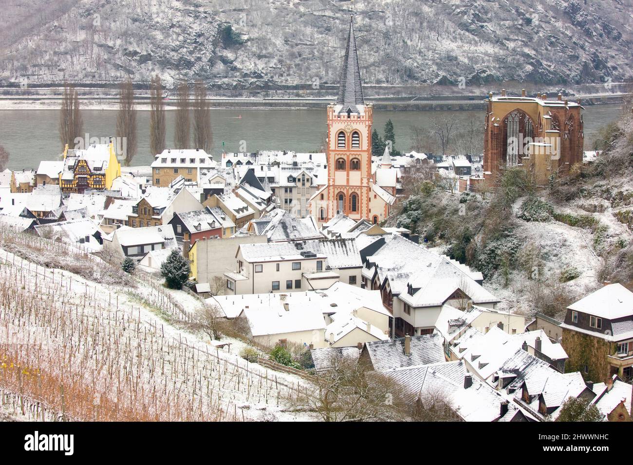 Overview of Bacharach and surrounding Vineyards in winter, Rhineland-Palatinate, Germany Stock Photo