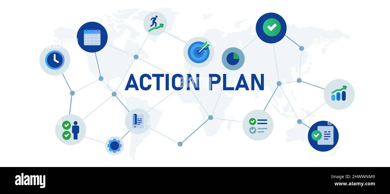 Action plan icon set interconnected business improvement check mark Stock Vector
