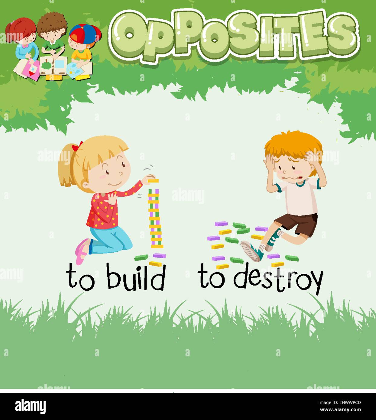 Opposite words for to build and to destroy illustration Stock Vector ...
