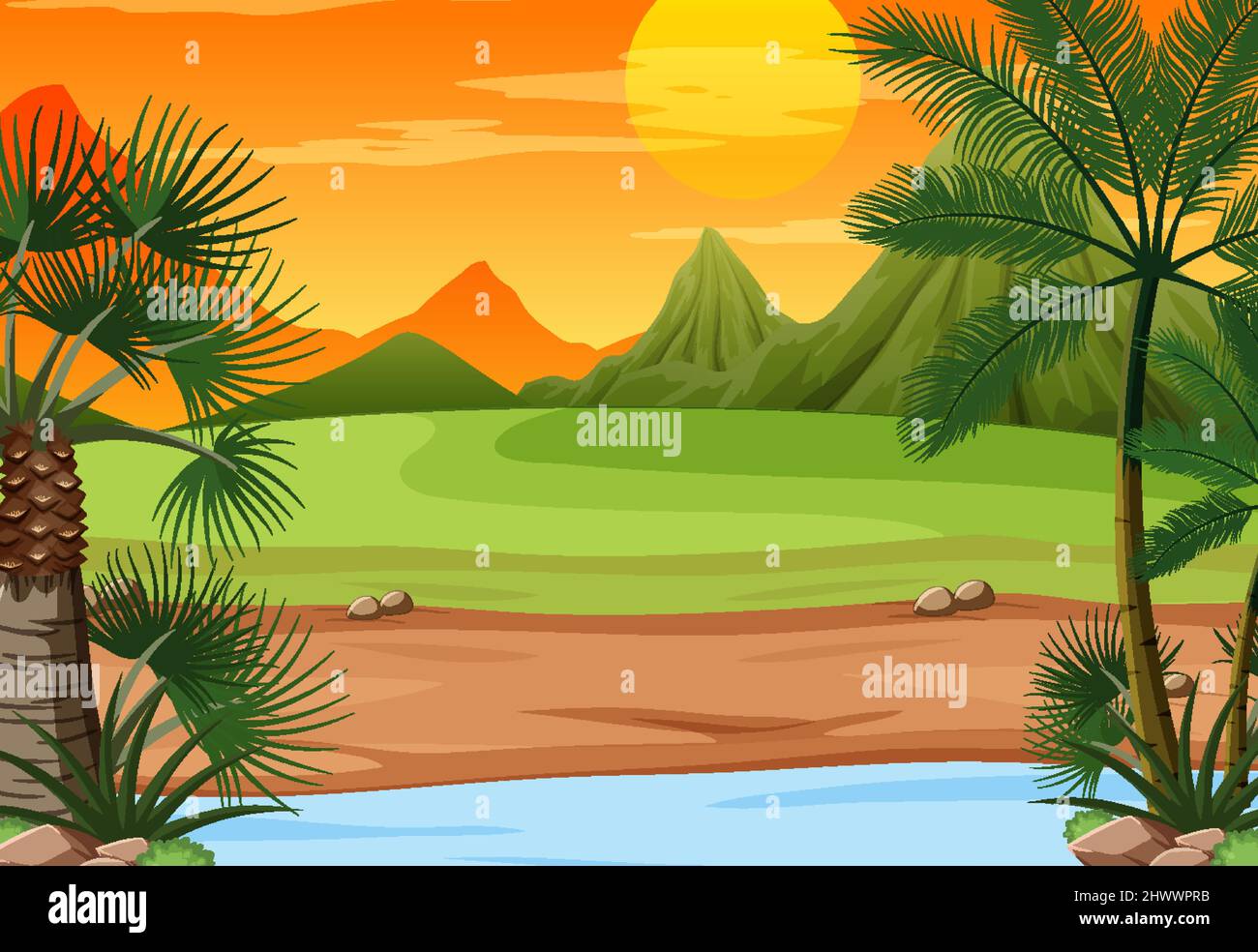 Scene with sunset in the sky illustration Stock Vector Image & Art - Alamy
