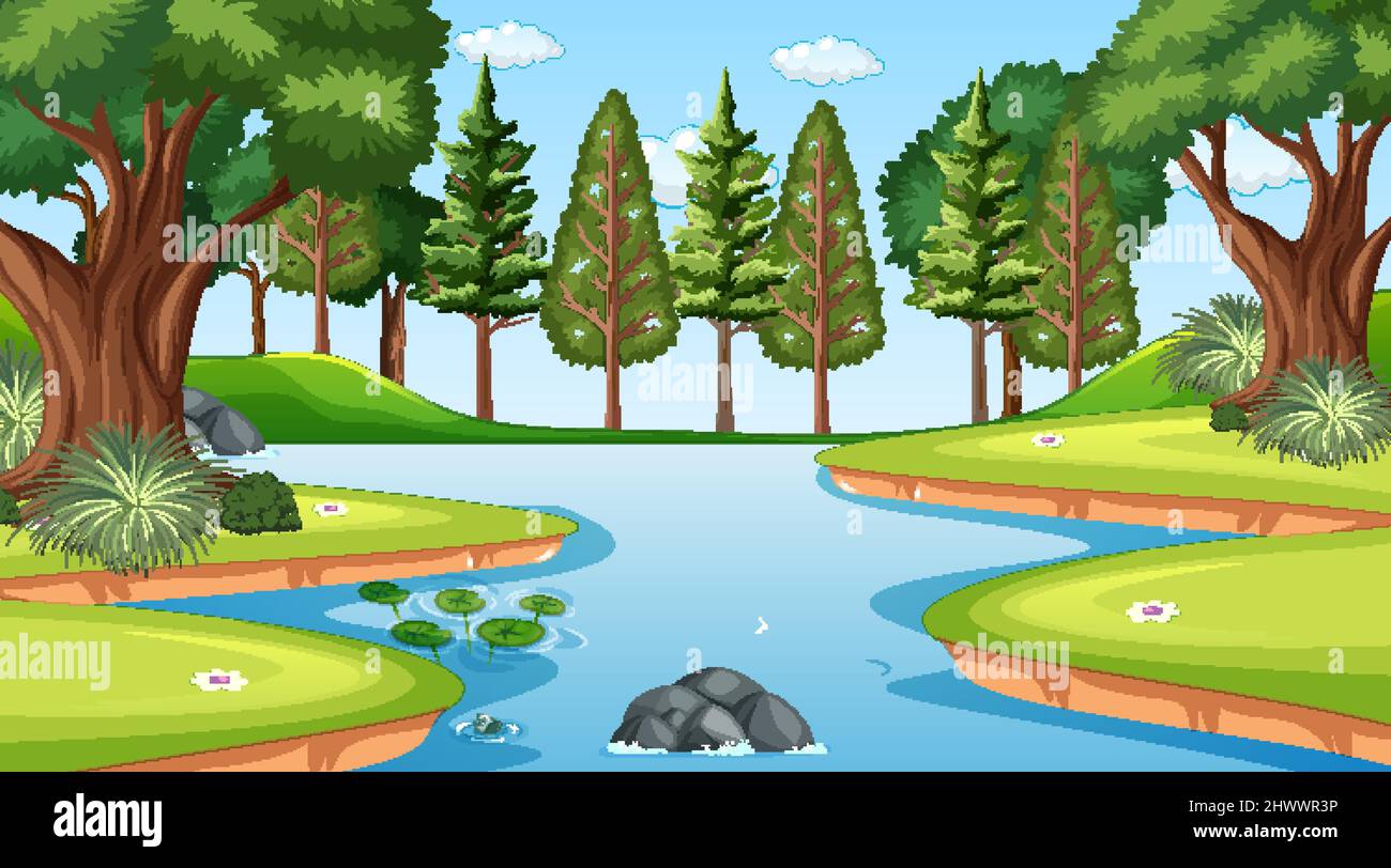 Nature scene with pond and trees illustration Stock Vector Image & Art ...