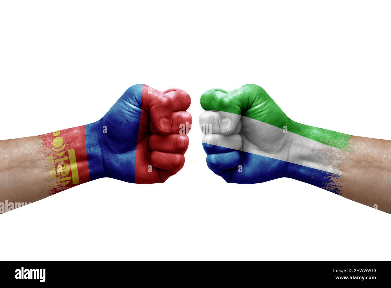 Two hands punch to each others on white background. Country flags painted fists, conflict crisis concept between mongolia and sierra leone Stock Photo