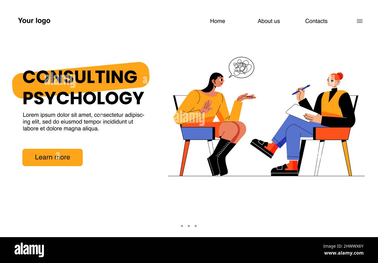 Consulting psychology landing page. Anxious woman client talk with ...