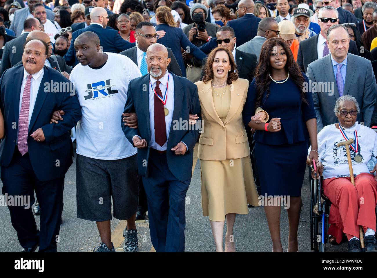 United States Vice President Kamala Harris is accompanied by Martin Luther King, III, John Miles Lewis, Charles Mauldin, Miss ASU Kendra Angion, Annie Pearl Avery and SGOTUS Doug Emhoff as they ceremonially cross the Edmund Pettus Bridge in Selma, AL. to commemorate the 57th anniversary of Bloody Sunday on March 6, 2022. Photo by Andi Rice / Pool via CNP/ABACAPRESS.COM Stock Photo