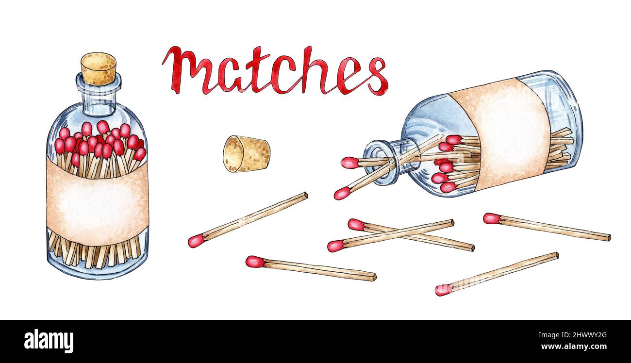 Watercolor illustration set of glass bottles with handmade matches. Get