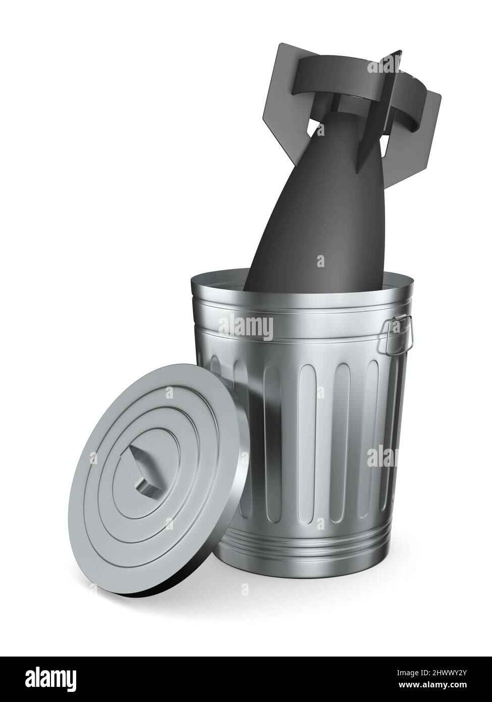 Aerial bomb into garbage bin on white background. Isolated 3D illustration Stock Photo
