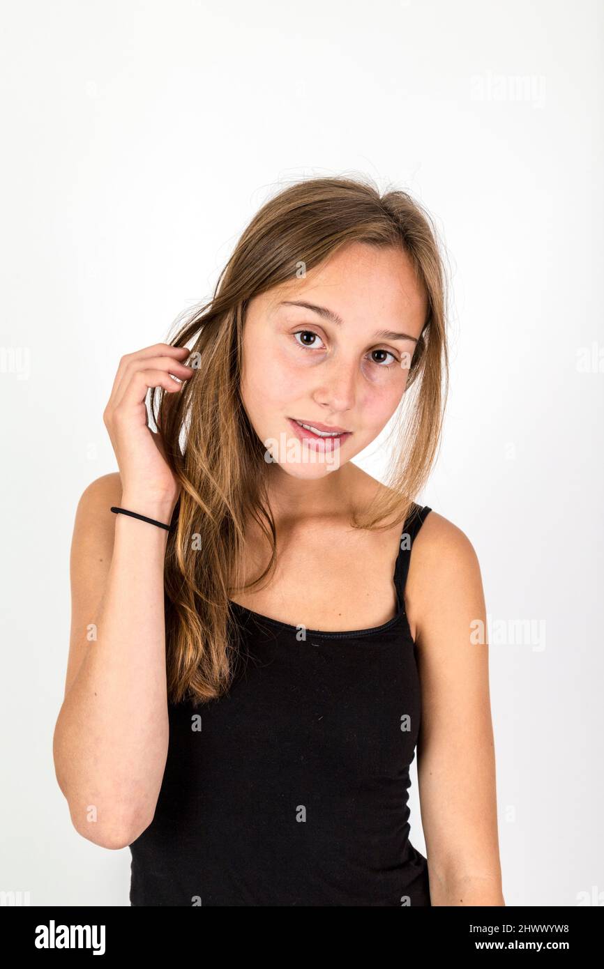 portrait of smiling young beautiful girl with brown hair Stock Photo ...