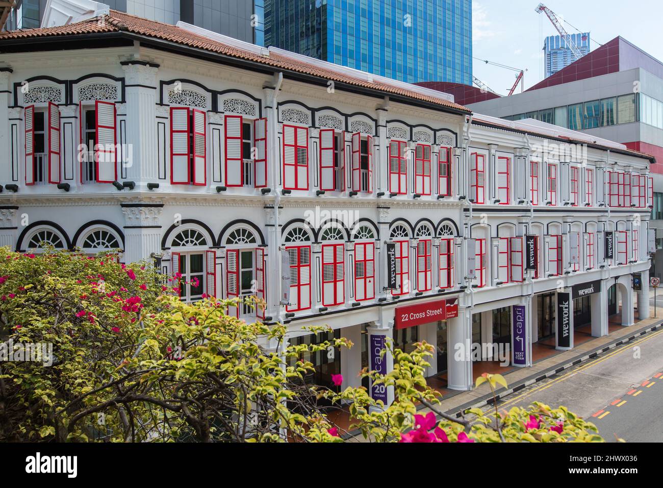 Old shophouses refurnished into a commercial structure for business. Chinatown, Singapore. Stock Photo