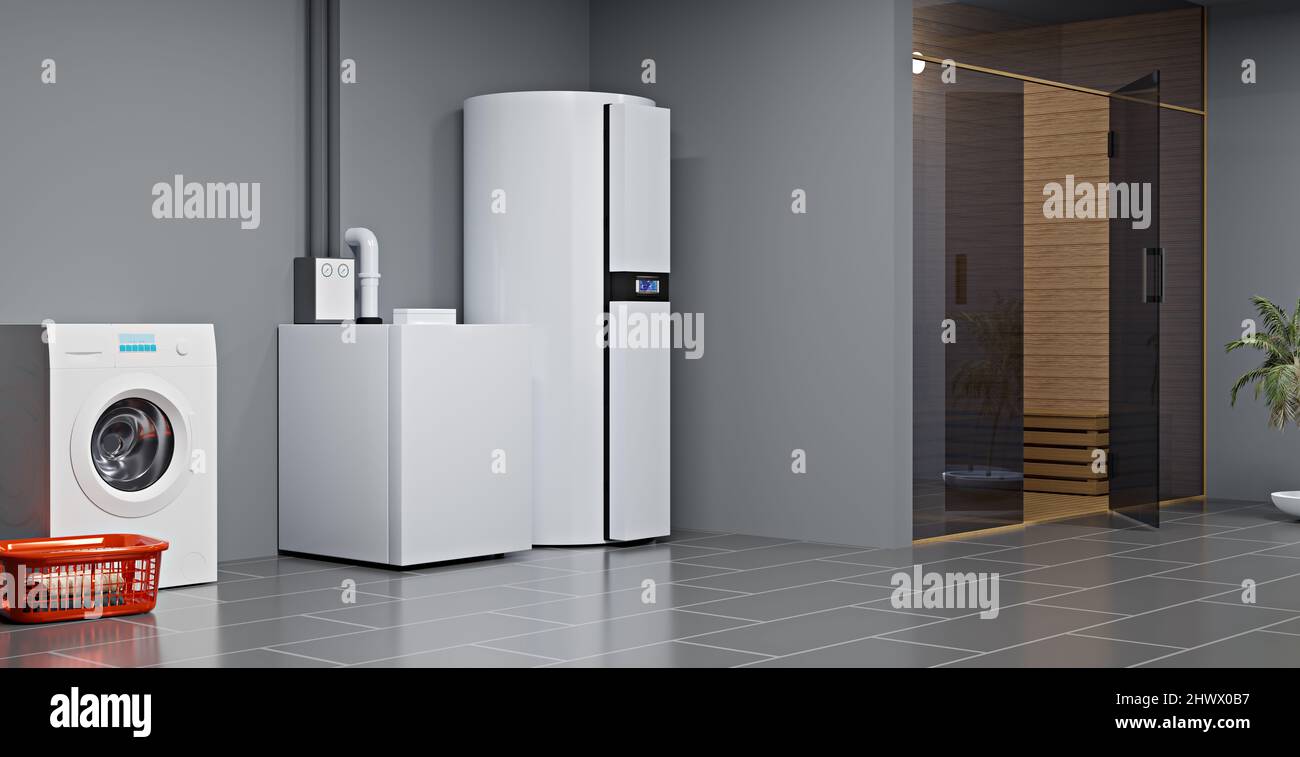 A modern air-to-water heat pump heating system for private households, 3D illustration Stock Photo