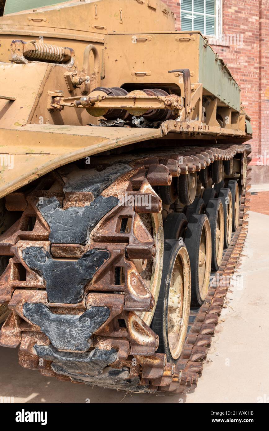 Closeup of a self-propelled armored tank and its track, an endless metal chain, located in the Veterans Park in Deming, New Mexico. Stock Photo