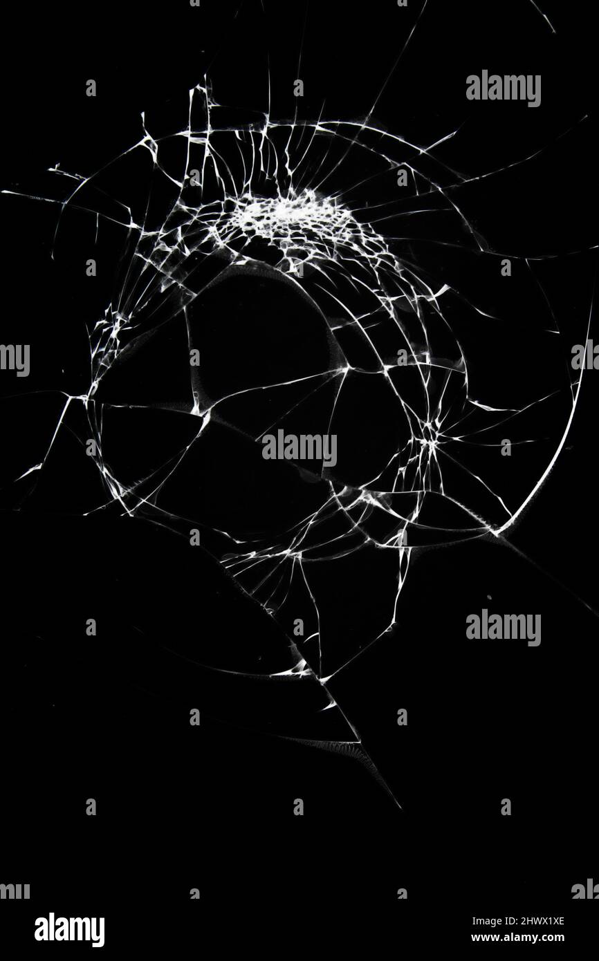 broken glass dark background texture, Cracked touch screen phone. Stock Photo