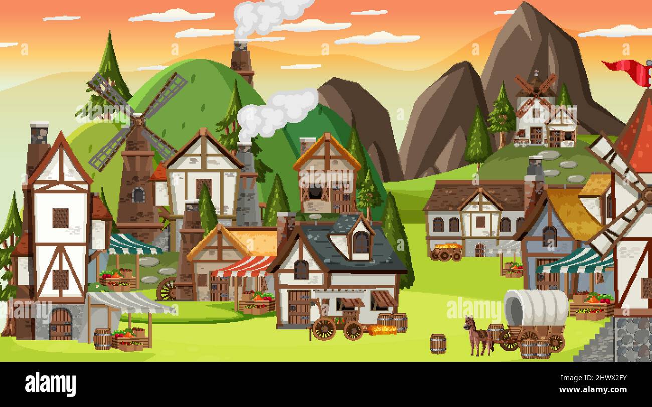 Medieval town scene with villagers illustration Stock Vector Image ...