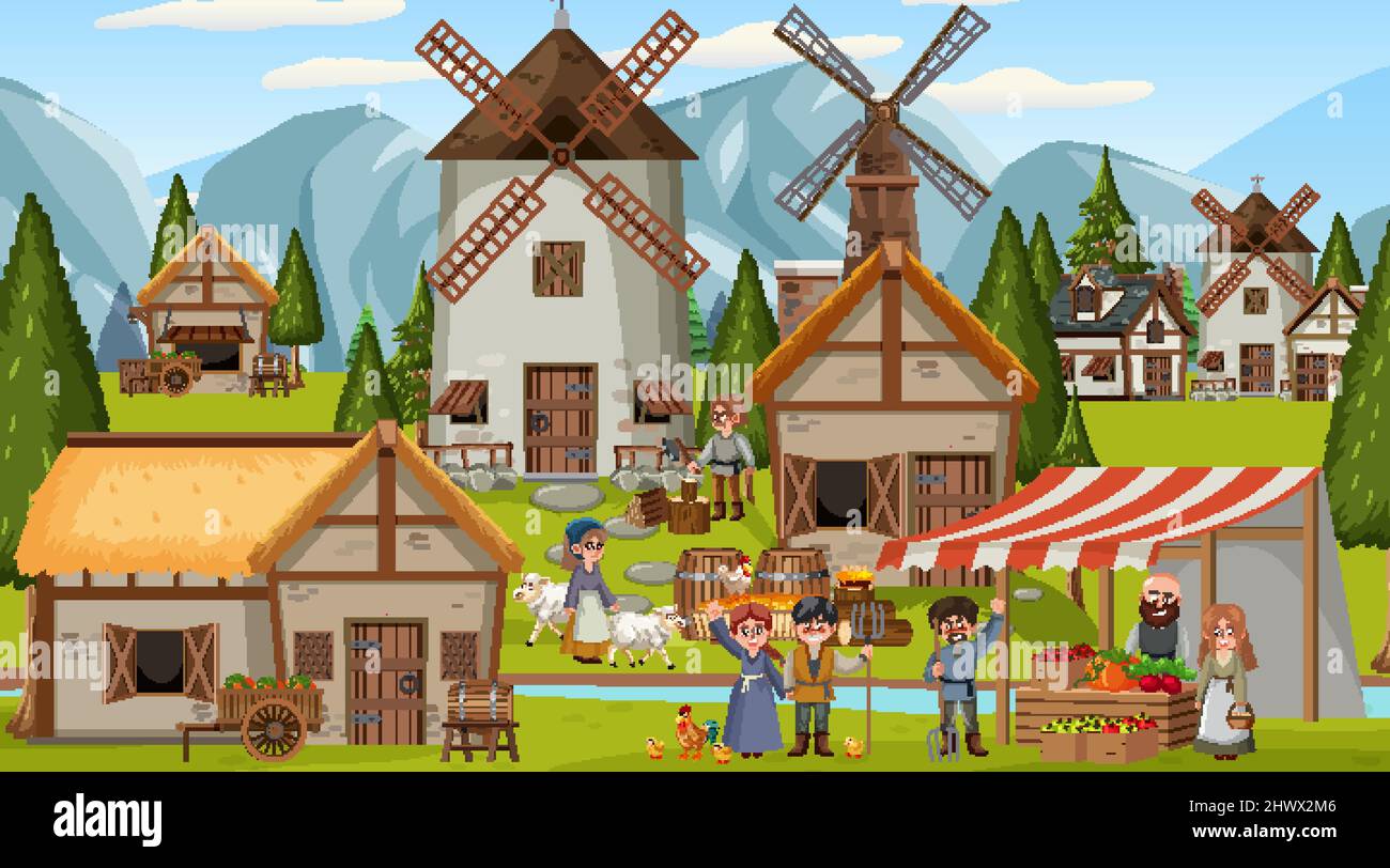 Medieval town scene with villagers and market illustration Stock Vector ...