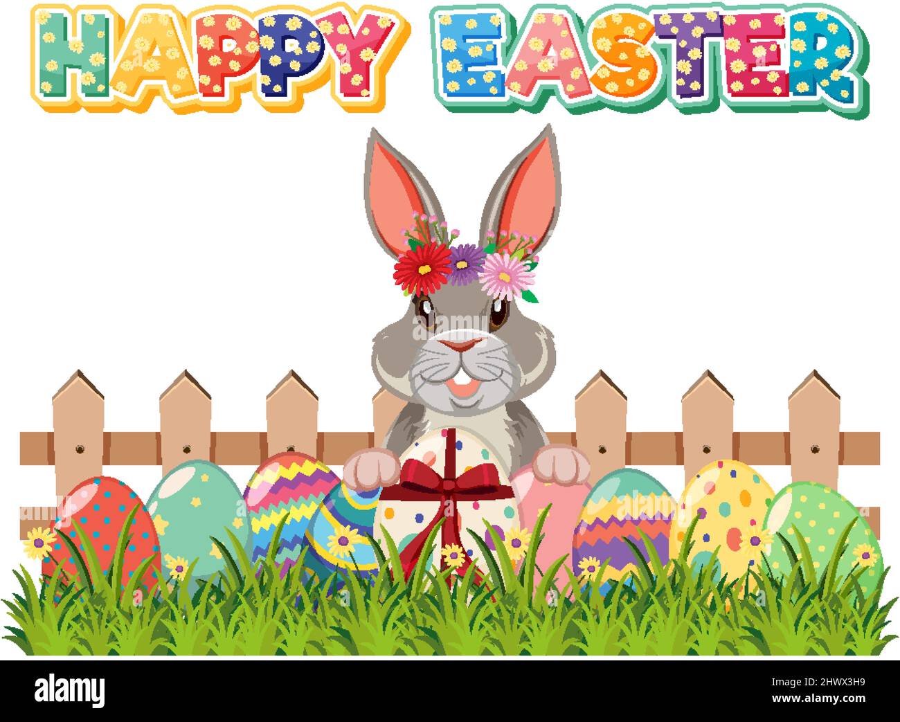 Happy Easter design with rabbit and eggs in garden illustration Stock ...