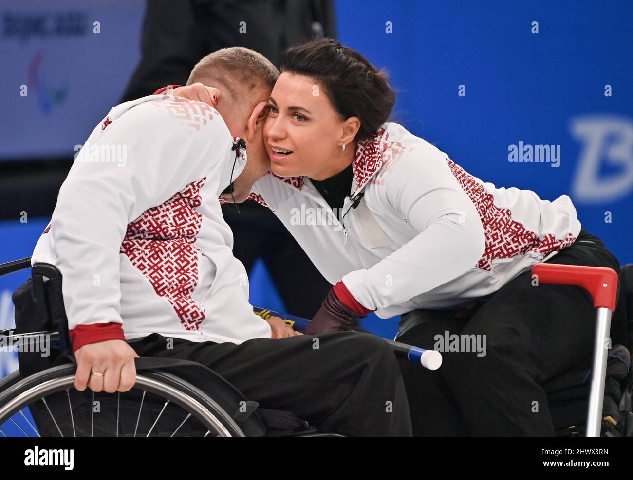 Beijing, China. 8th Mar, 2022. Polina Rozkova (R) of Latvia celebrates
