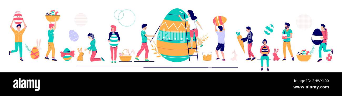 Happy Easter set, vector illustration. People decorating eggs, carrying Easter baskets feeding cute bunny with carrot. Stock Vector