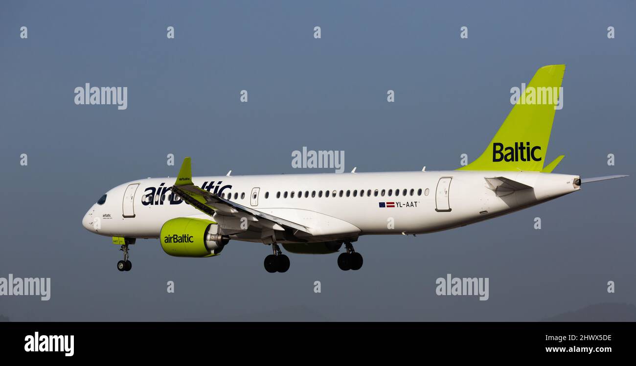 Airline Airbaltic plane comes in for a landing in an aeroport El Prat city of Barcelona Stock Photo