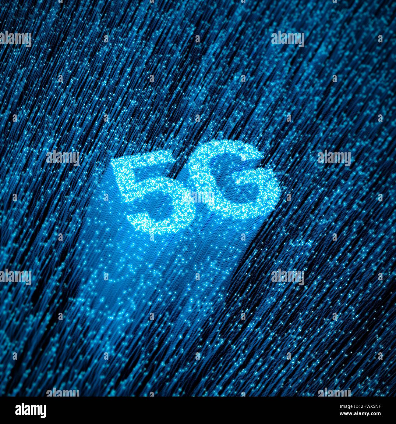 Fiberoptic 5G concept 3D illustration of glowing optical fibres forming wireless standard