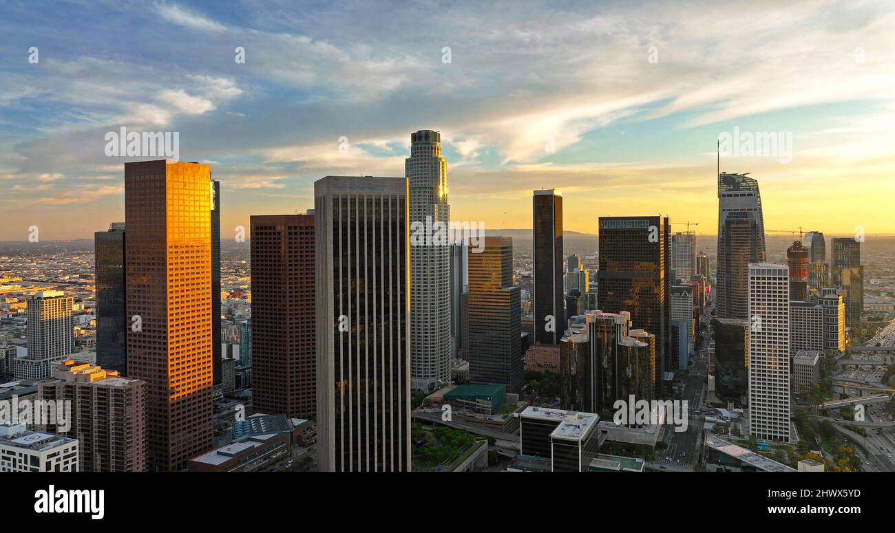Los angeles aerial view, flying with drone. Los Angeles downtown