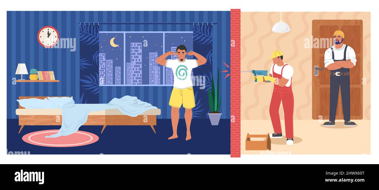 Young man can not fall asleep because of neighbour renovation noise, vector illustration. Stock Vector