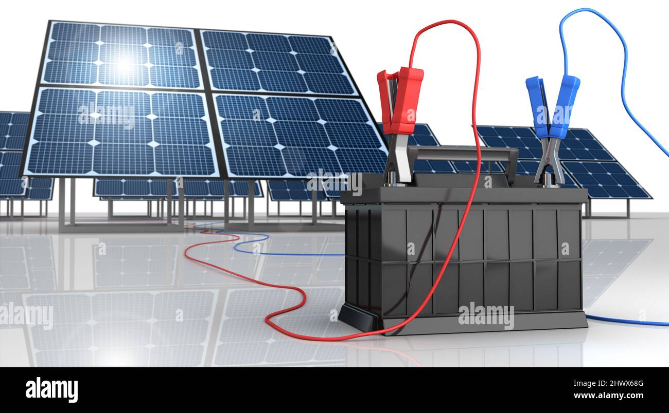 Solar Battery and Electricity - 3D Rendering Stock Photo