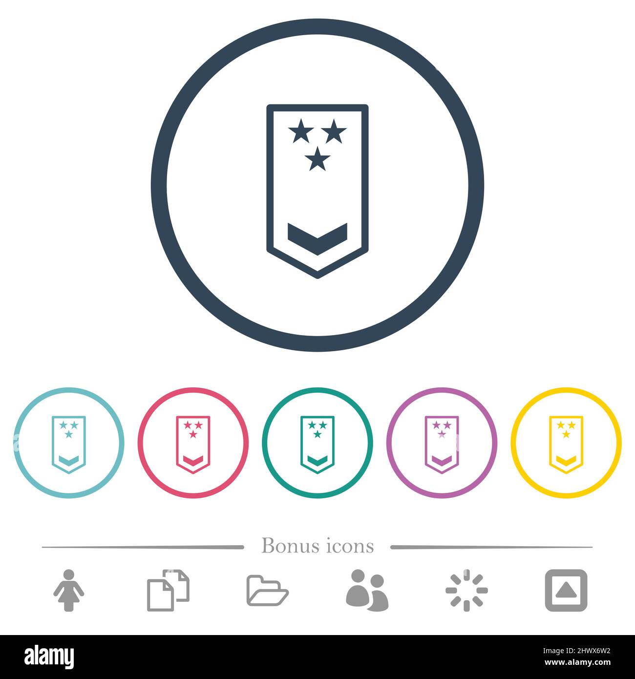 Military insignia with one chevron and three stars flat color icons in ...