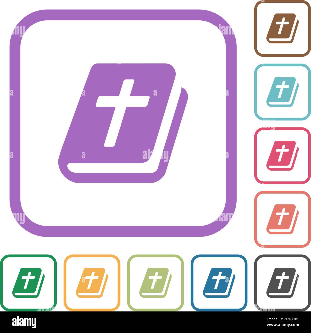 Holy bible simple icons in color rounded square frames on white ...