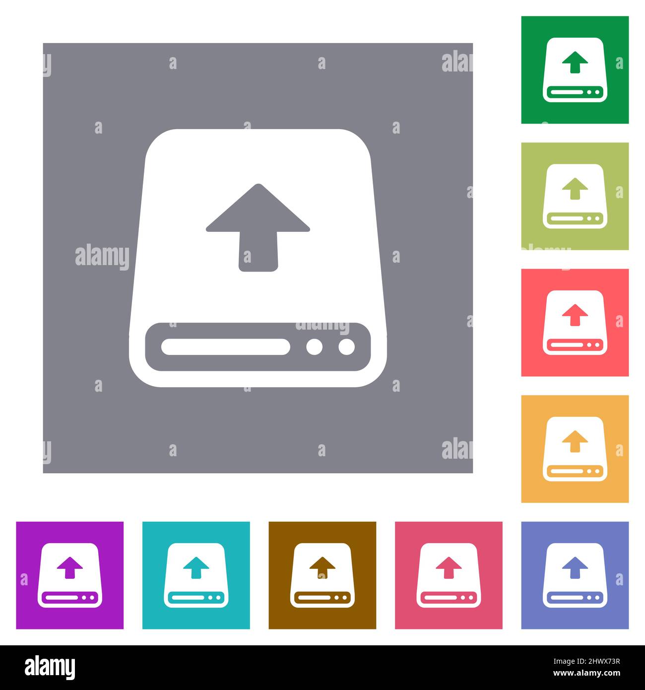 Upload from hard disk flat icons on simple color square backgrounds Stock Vector