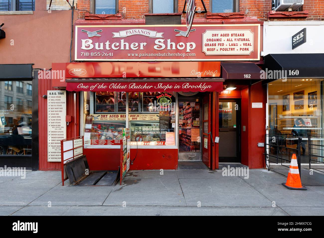 Paisanos Butcher Shop, 162 Smith Street, Brooklyn, NY. exterior storefront of a butcher shop in Cobble Hill, Carroll Gardens neighborhood. Stock Photo