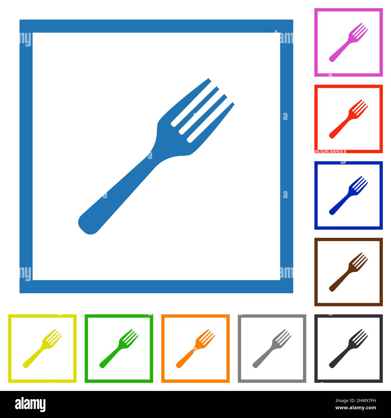 Single fork solid flat color icons in square frames on white background Stock Vector