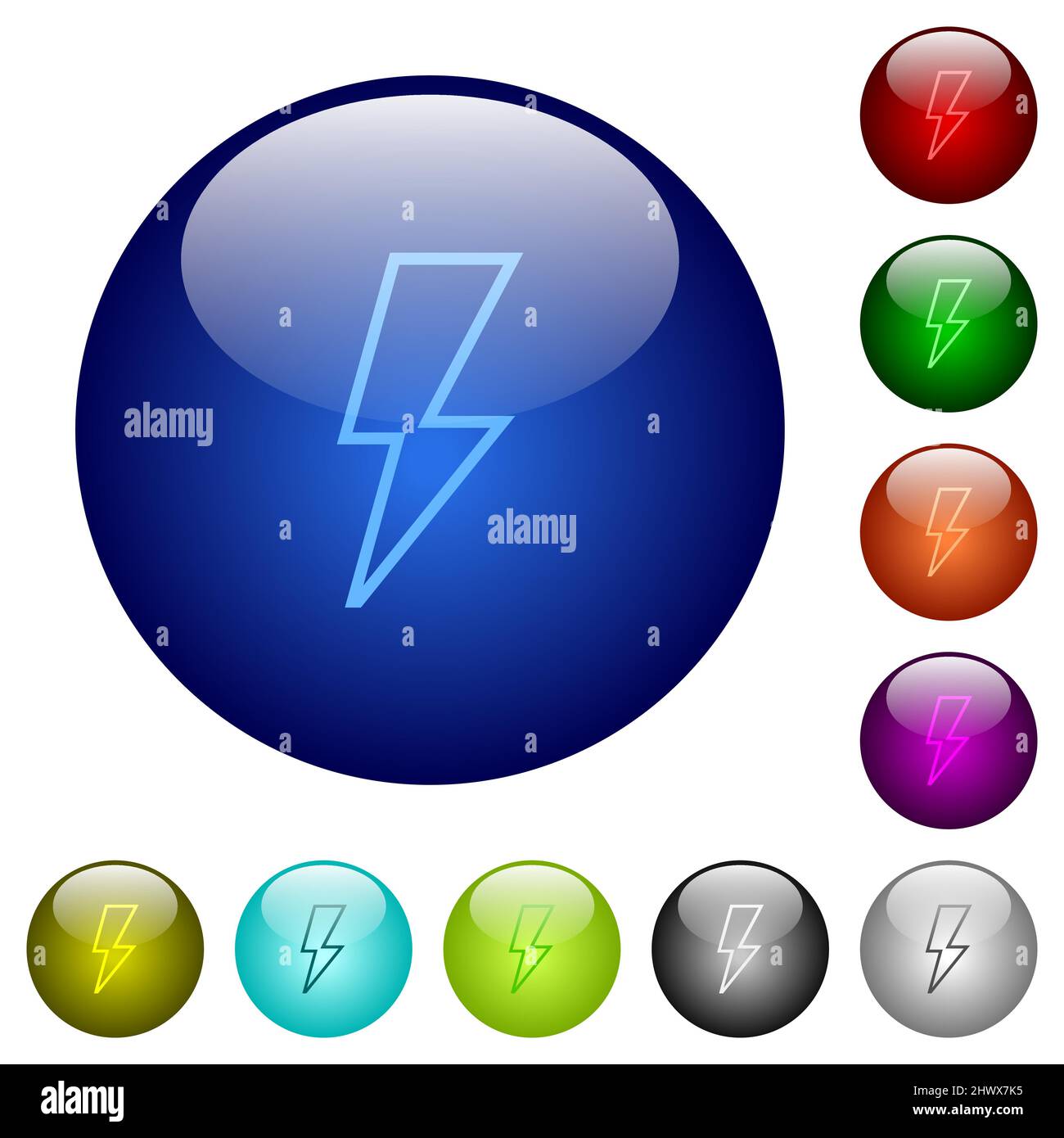 Flash outline icons on round glass buttons in multiple colors. Arranged ...